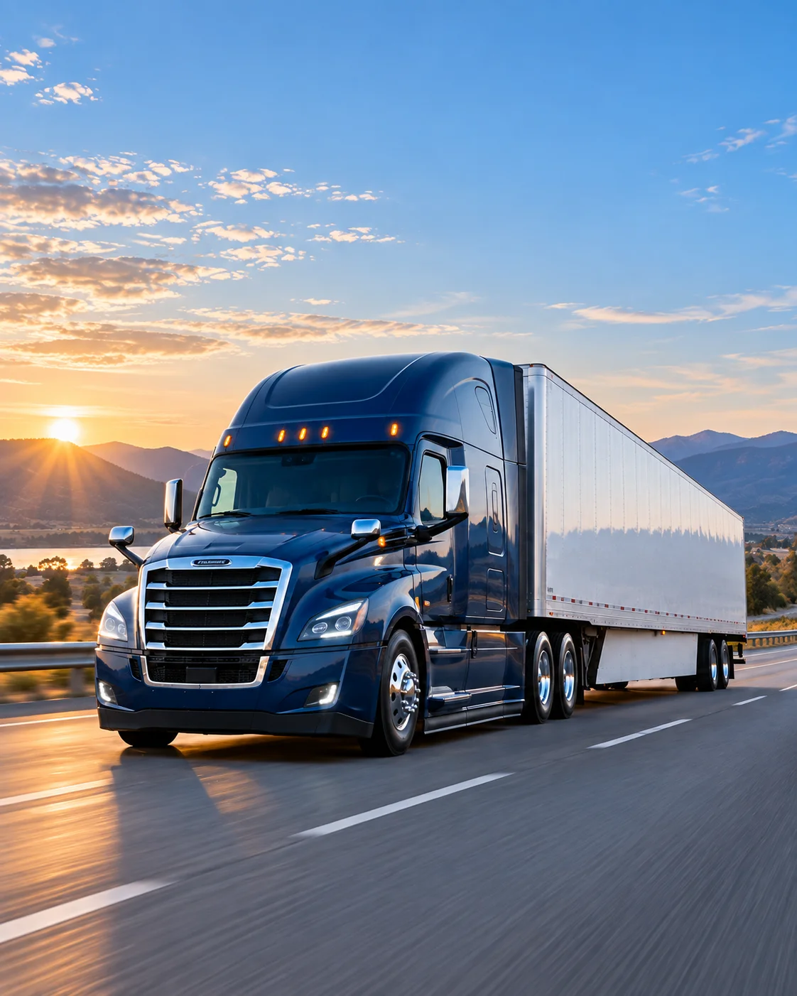 Blue semi tractor pulling a 53-foot dry van trailer on an open highway