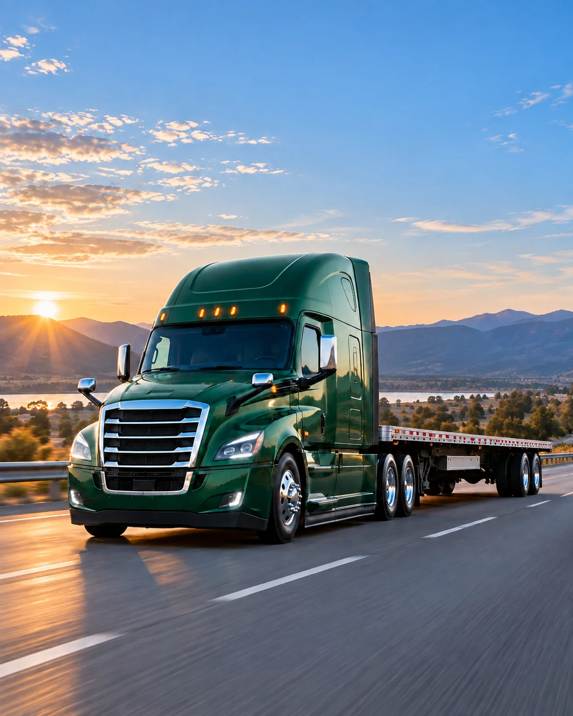 Green semi tractor with an empty flatbed trailer on a mountain highway