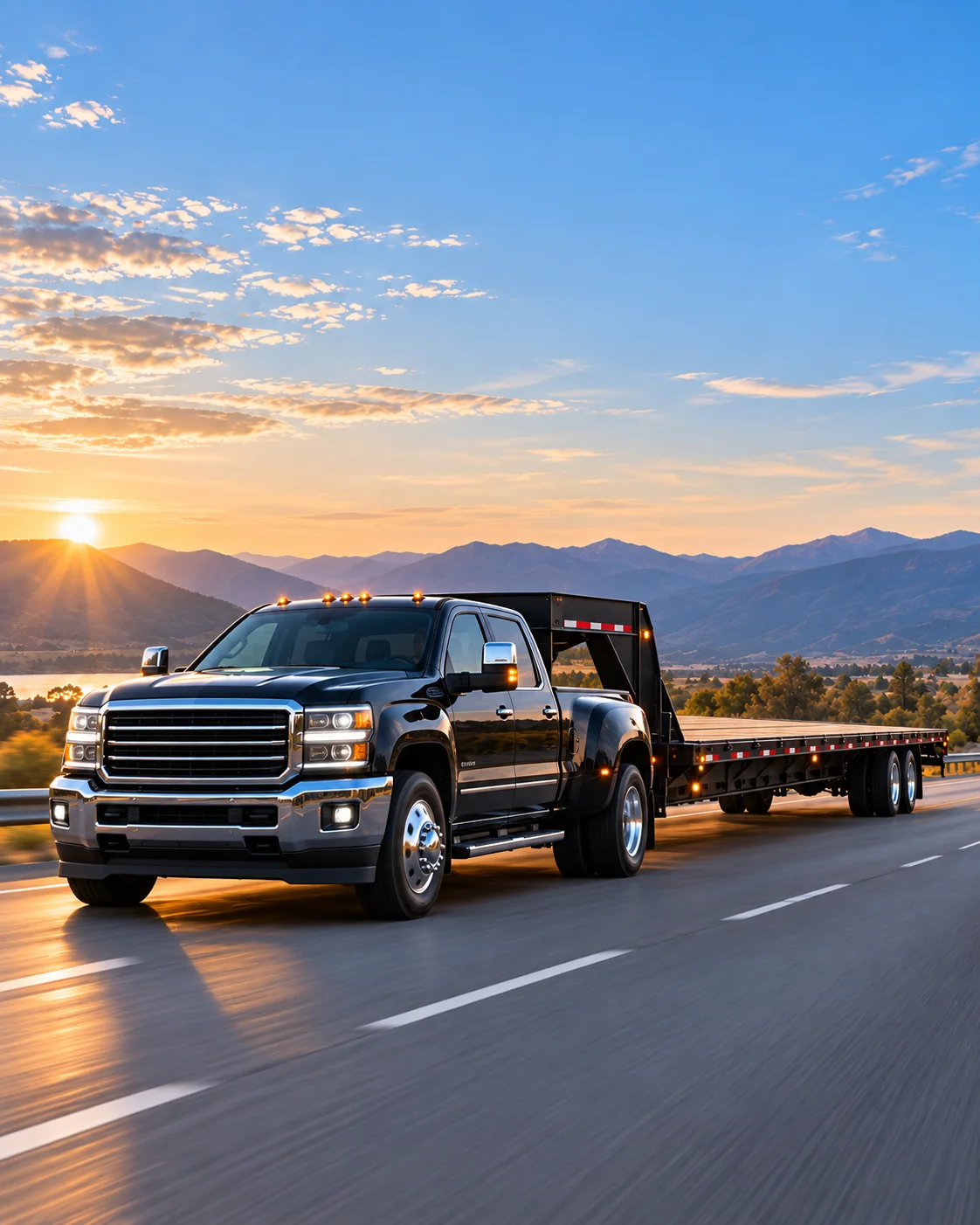 Black hotshot dually pickup truck towing a gooseneck flatbed trailer