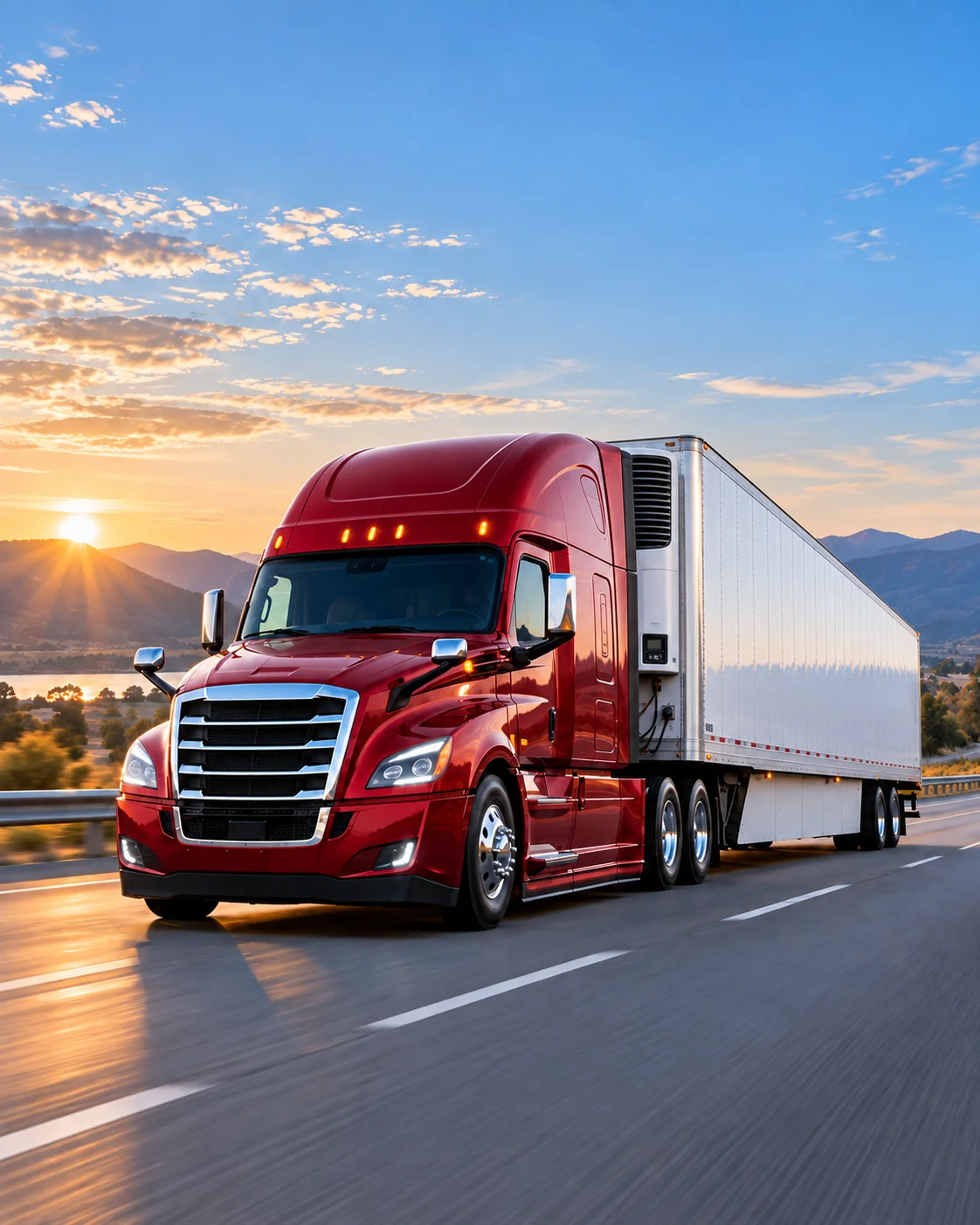 Red semi tractor pulling a refrigerated reefer trailer at sunset